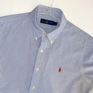 Ralph Lauren Mens Blue White Striped Short Sleeve Button Down Shirt Size L